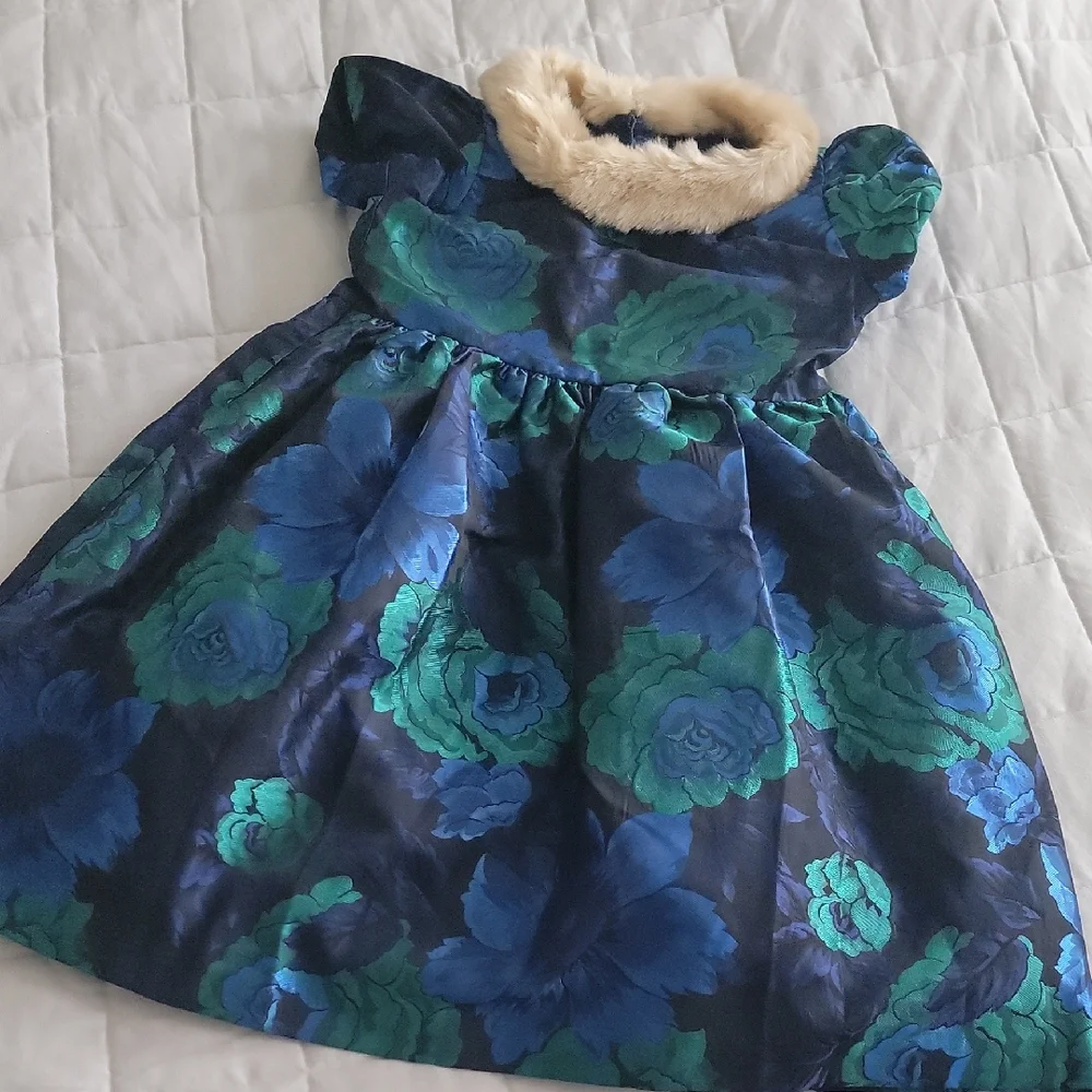 NWT Janie and Jack Floral Dress with Faux Fur Collar - Picture 1 of 2